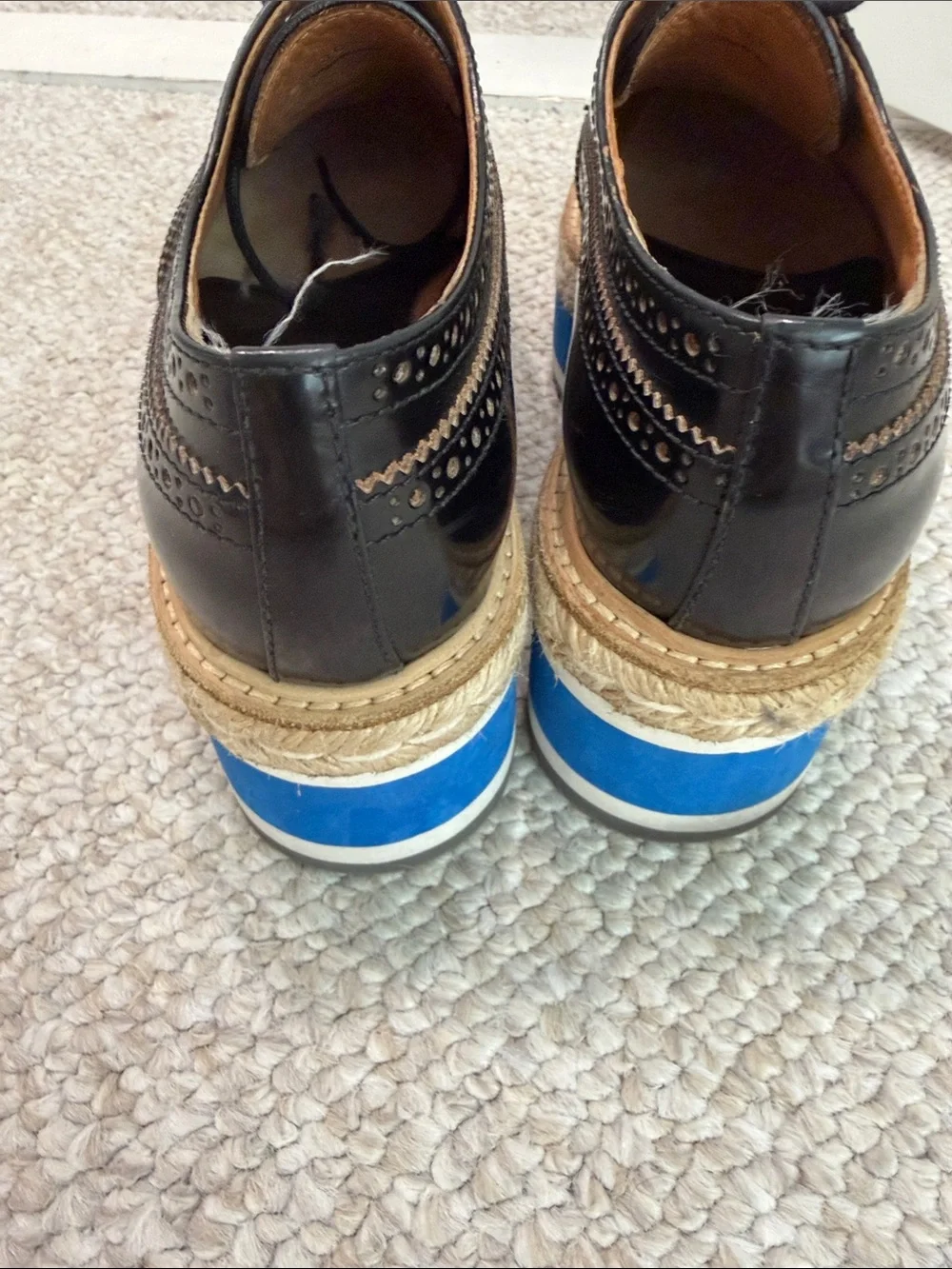 Prada Black Wingtip Lace-Up Brogues with Tan and Blue platform Sole